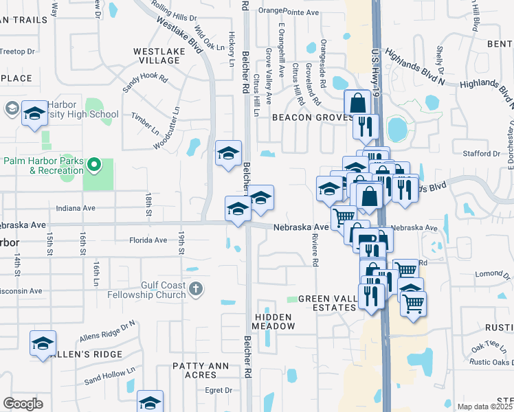 map of restaurants, bars, coffee shops, grocery stores, and more near 1212 Belcher Road in Palm Harbor