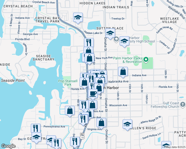 map of restaurants, bars, coffee shops, grocery stores, and more near 1003 Indiana Avenue in Palm Harbor