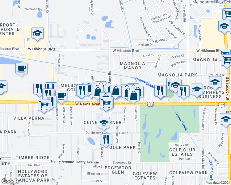 map of restaurants, bars, coffee shops, grocery stores, and more near 1909 Radnor Drive in Melbourne