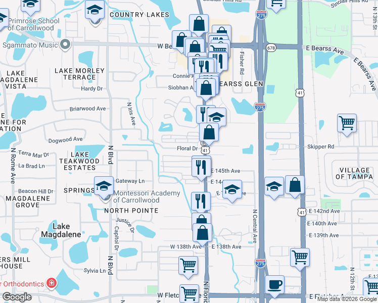map of restaurants, bars, coffee shops, grocery stores, and more near 114 Floral Drive in Tampa