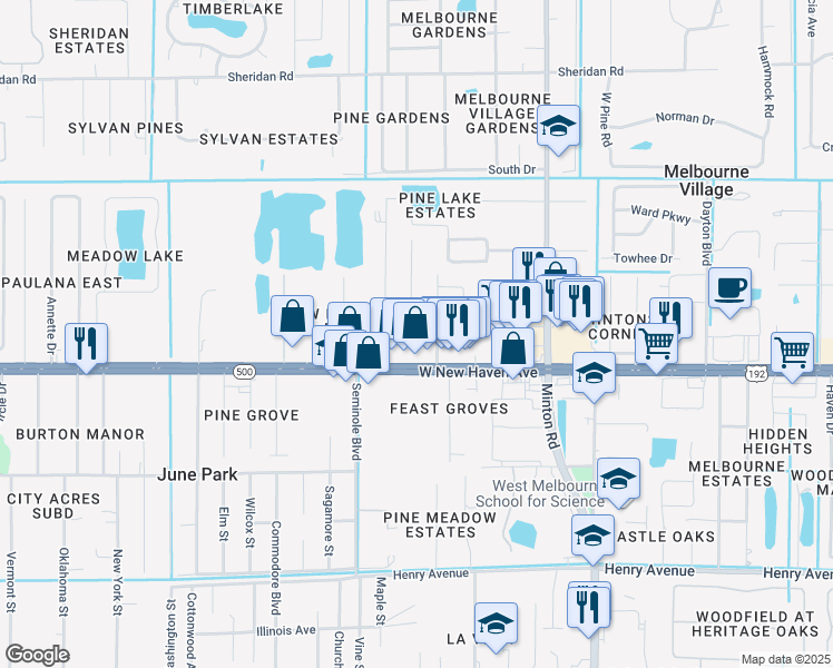map of restaurants, bars, coffee shops, grocery stores, and more near 7875 Northern Oak Street in Melbourne