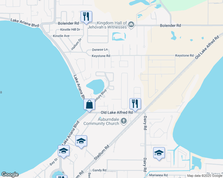 map of restaurants, bars, coffee shops, grocery stores, and more near 213 Lakeside Hills Loop in Auburndale