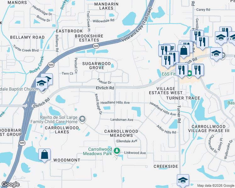 map of restaurants, bars, coffee shops, grocery stores, and more near 14509 Farm Hills Place in Tampa