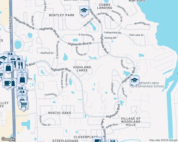 map of restaurants, bars, coffee shops, grocery stores, and more near 3235 Hilary Circle in Palm Harbor