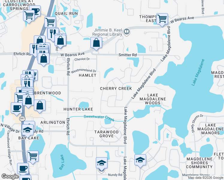 map of restaurants, bars, coffee shops, grocery stores, and more near 3101 Forest Knoll Circle in Tampa