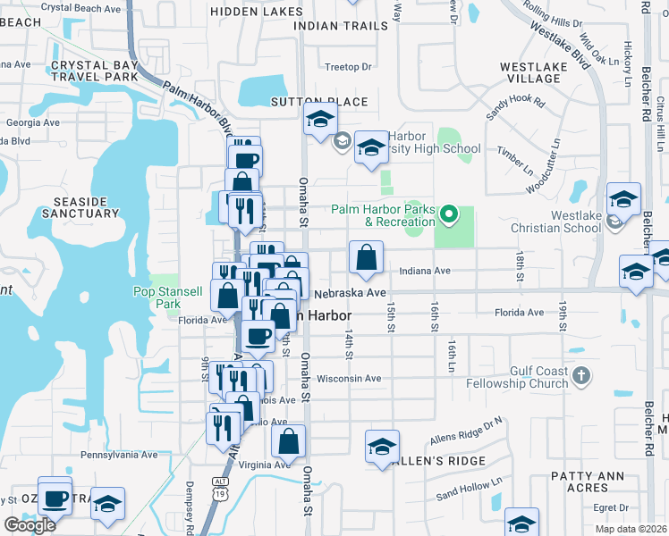 map of restaurants, bars, coffee shops, grocery stores, and more near 1306 Sutherland Drive in Palm Harbor