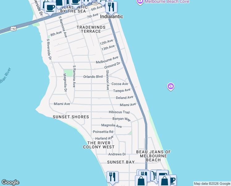 map of restaurants, bars, coffee shops, grocery stores, and more near 151 Tampa Avenue in Indialantic