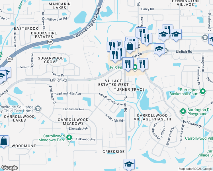 map of restaurants, bars, coffee shops, grocery stores, and more near 5002 Oakshire Drive in Tampa