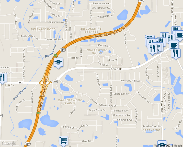 map of restaurants, bars, coffee shops, grocery stores, and more near 14522 Knoll Ridge Drive in Tampa
