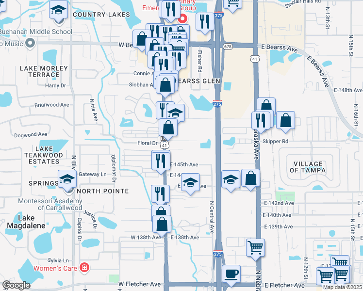 map of restaurants, bars, coffee shops, grocery stores, and more near 105 Garland Court in Tampa