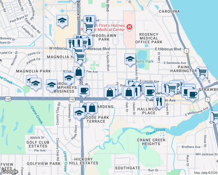 map of restaurants, bars, coffee shops, grocery stores, and more near 204 East Strawbridge Avenue in Melbourne