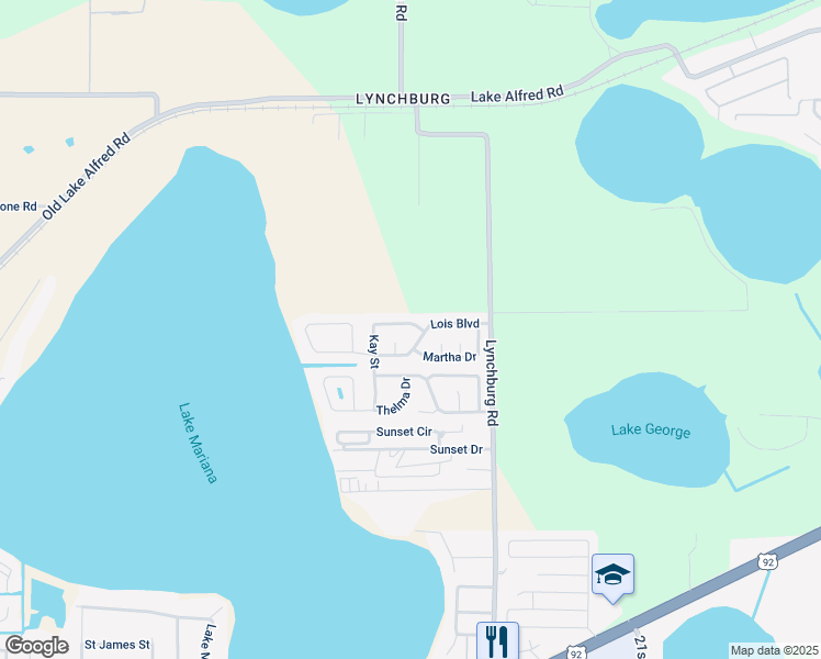 map of restaurants, bars, coffee shops, grocery stores, and more near 2304 Kay Street in Lake Alfred