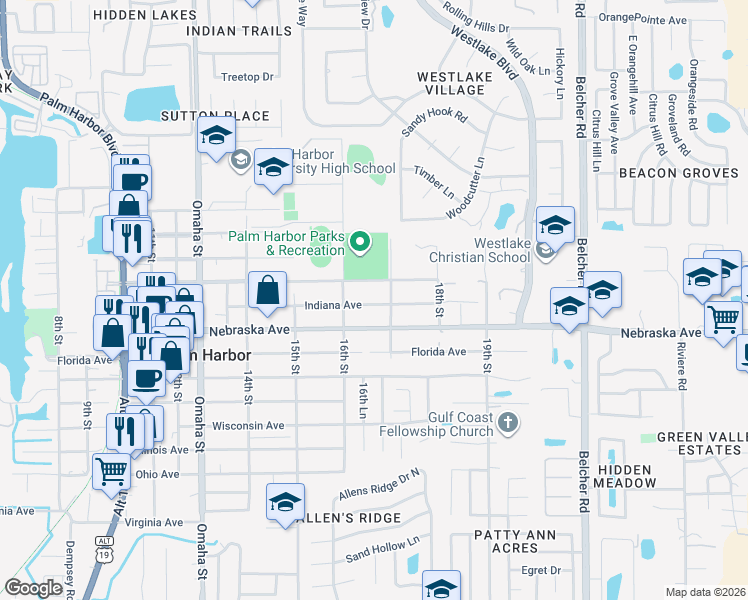map of restaurants, bars, coffee shops, grocery stores, and more near 1631 Indiana Avenue in Palm Harbor