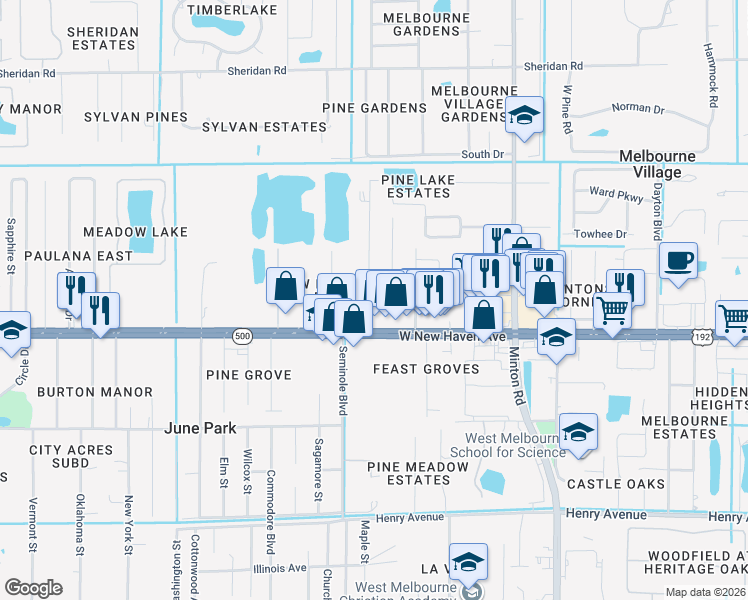 map of restaurants, bars, coffee shops, grocery stores, and more near 7966 Northern Oak Street in Melbourne