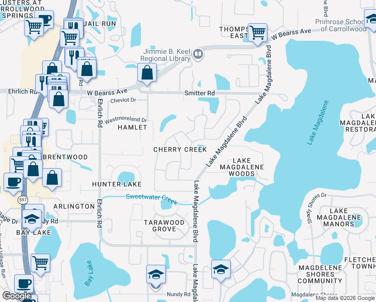 map of restaurants, bars, coffee shops, grocery stores, and more near 13924 Briardale Lane in Tampa