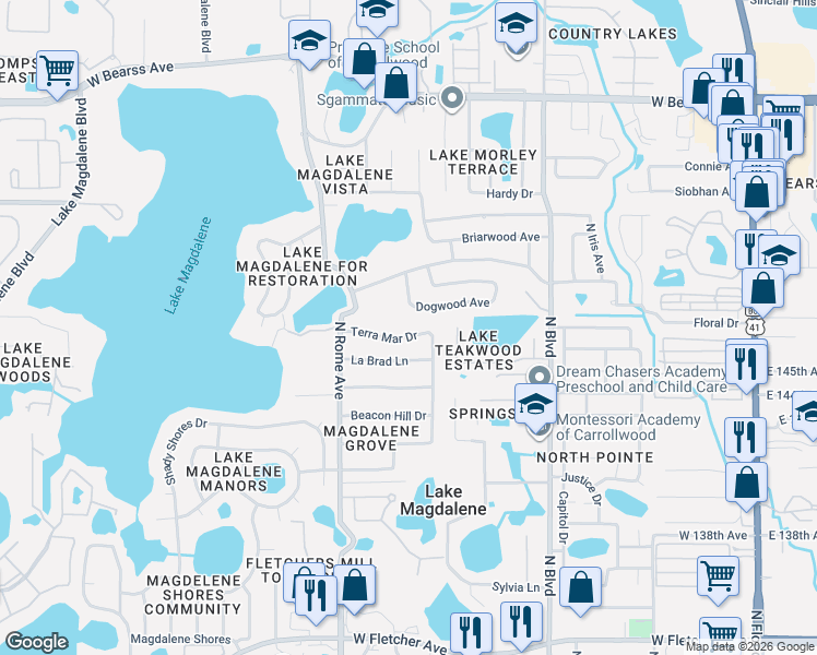 map of restaurants, bars, coffee shops, grocery stores, and more near 1207 Terra Mar Drive in Tampa