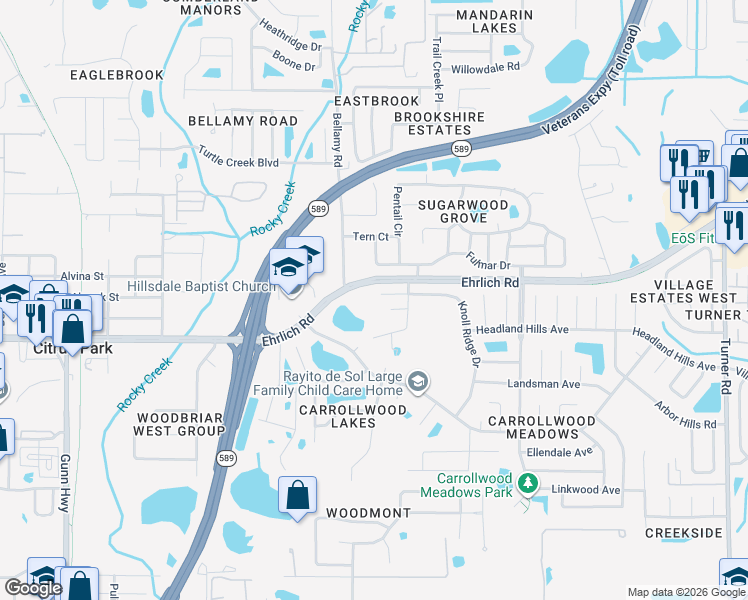 map of restaurants, bars, coffee shops, grocery stores, and more near 14612 Knoll Ridge Drive in Tampa