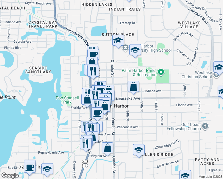 map of restaurants, bars, coffee shops, grocery stores, and more near 1245 Indiana Ave in Palm Harbor