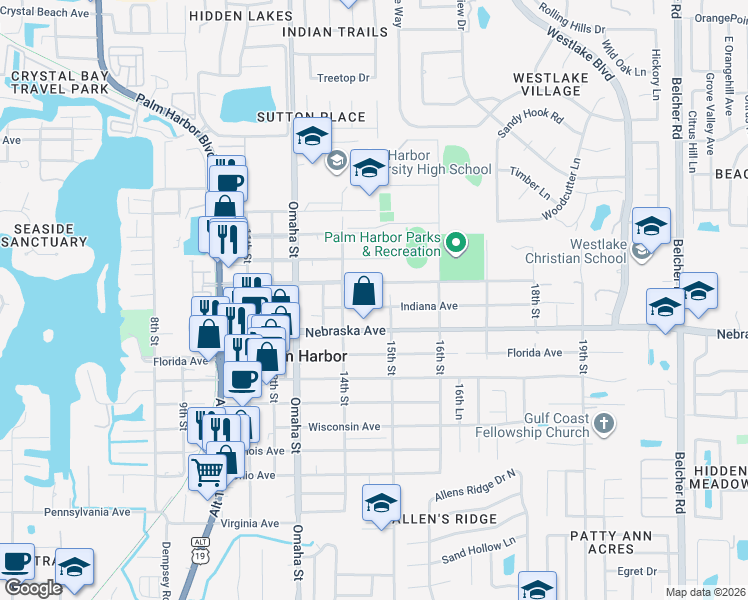 map of restaurants, bars, coffee shops, grocery stores, and more near 1467 Indiana Avenue in Palm Harbor