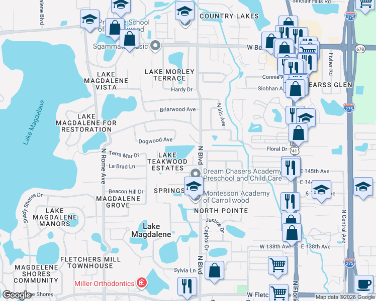 map of restaurants, bars, coffee shops, grocery stores, and more near 14506 Juliette Place in Tampa