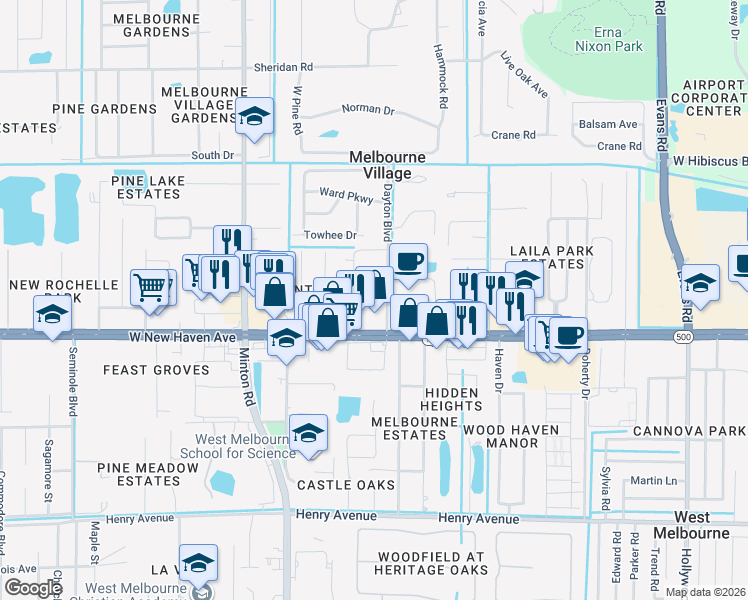 map of restaurants, bars, coffee shops, grocery stores, and more near 157 Dayton Boulevard in Melbourne