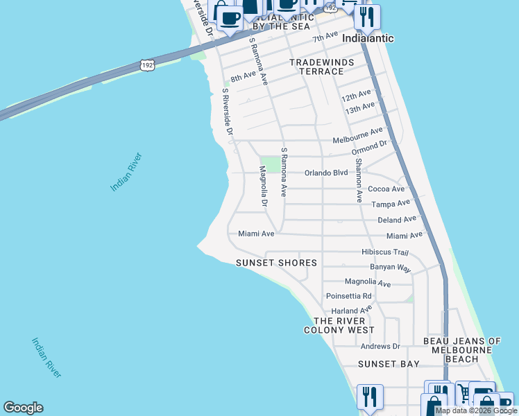 map of restaurants, bars, coffee shops, grocery stores, and more near 500 Palmetto Place in Indialantic