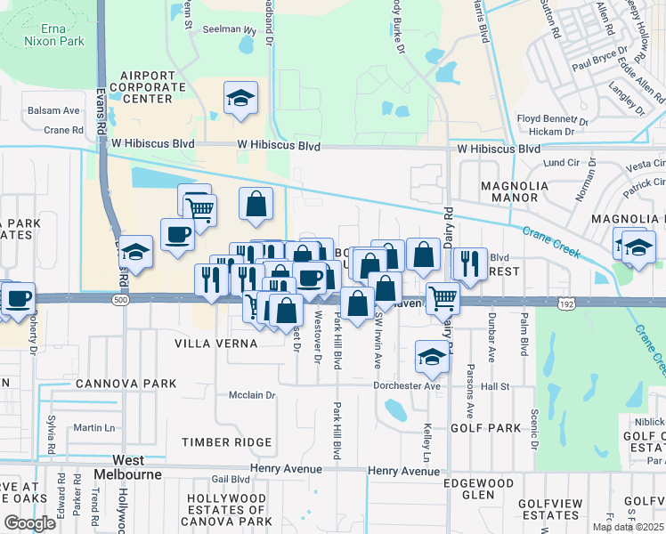 map of restaurants, bars, coffee shops, grocery stores, and more near 52 West Court in West Melbourne
