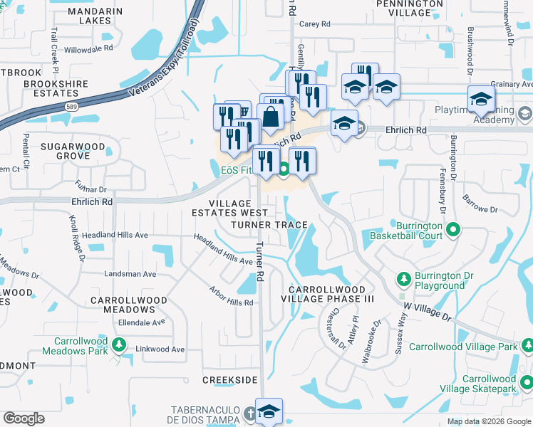 map of restaurants, bars, coffee shops, grocery stores, and more near 14511 Wessex Street in Tampa