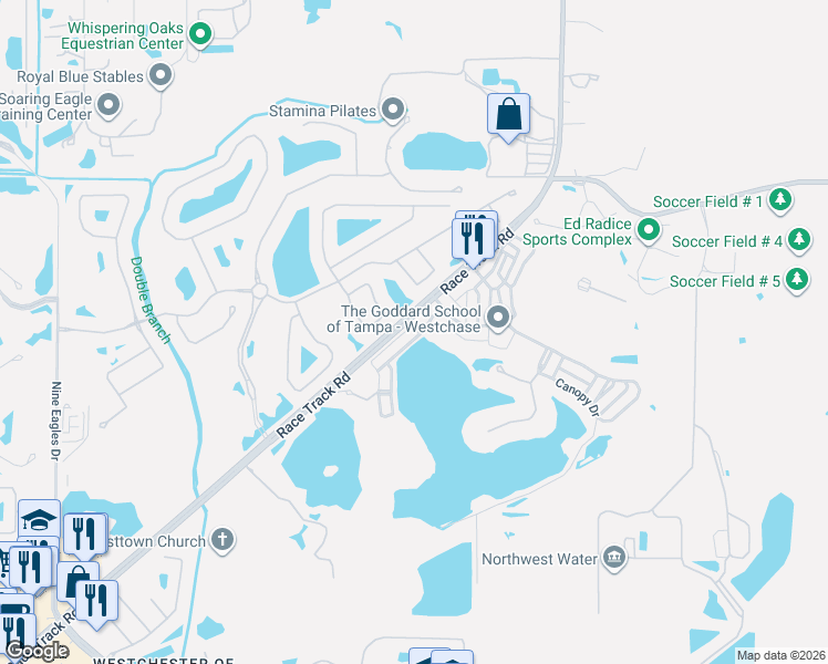 map of restaurants, bars, coffee shops, grocery stores, and more near 11772 Casa Lago Lane in Westchase