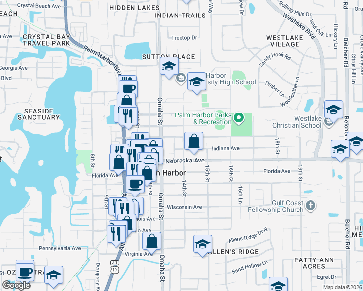 map of restaurants, bars, coffee shops, grocery stores, and more near 1306 Sutherland Drive in Palm Harbor