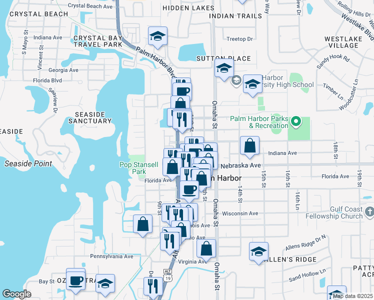 map of restaurants, bars, coffee shops, grocery stores, and more near 1003 Indiana Avenue in Palm Harbor
