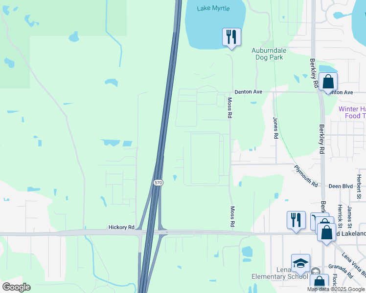 map of restaurants, bars, coffee shops, grocery stores, and more near 399 Moss Road in Auburndale