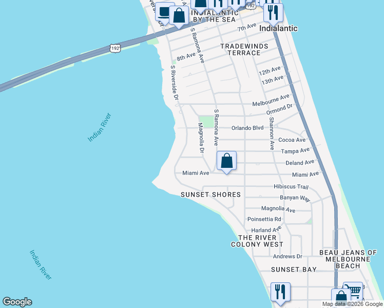 map of restaurants, bars, coffee shops, grocery stores, and more near 500 Palmetto Place in Indialantic