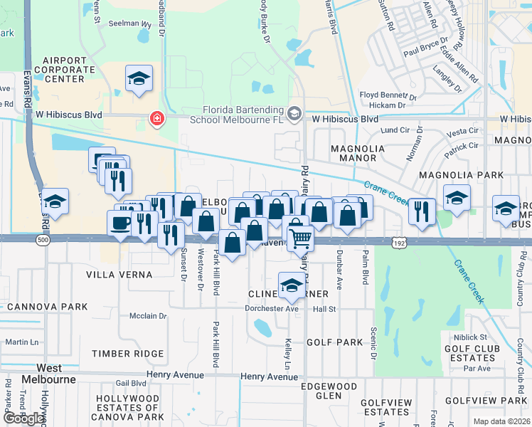 map of restaurants, bars, coffee shops, grocery stores, and more near 58 Northwest Shannon Avenue in Melbourne