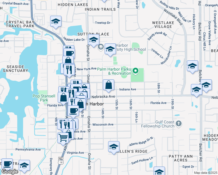 map of restaurants, bars, coffee shops, grocery stores, and more near 1443 Indiana Avenue in Palm Harbor