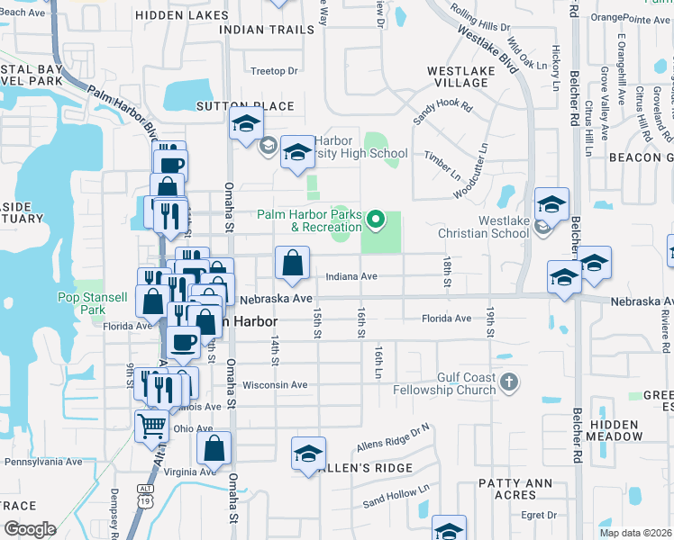 map of restaurants, bars, coffee shops, grocery stores, and more near 1505 Indiana Avenue in Palm Harbor