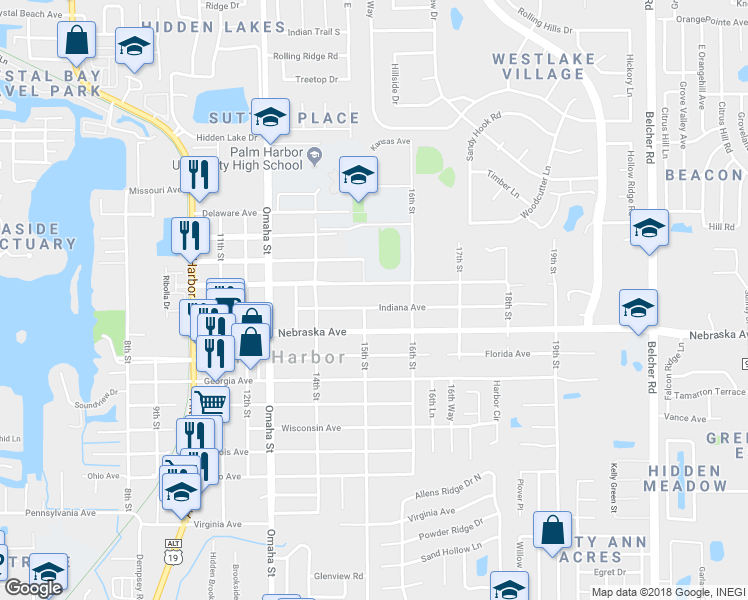 map of restaurants, bars, coffee shops, grocery stores, and more near 1505 Indiana Avenue in Palm Harbor