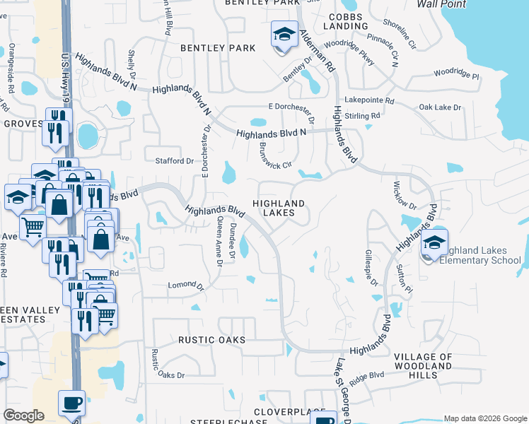 map of restaurants, bars, coffee shops, grocery stores, and more near 1383 Glengarry Drive in Palm Harbor