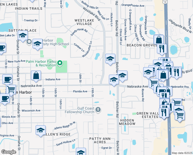 map of restaurants, bars, coffee shops, grocery stores, and more near 1245 Westlake Boulevard in Palm Harbor