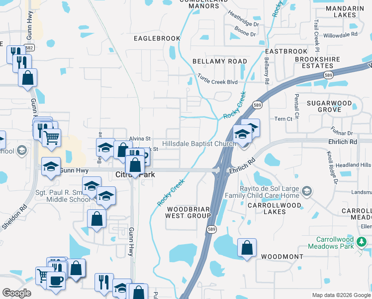 map of restaurants, bars, coffee shops, grocery stores, and more near 14503 Rocky Brook Drive in Tampa
