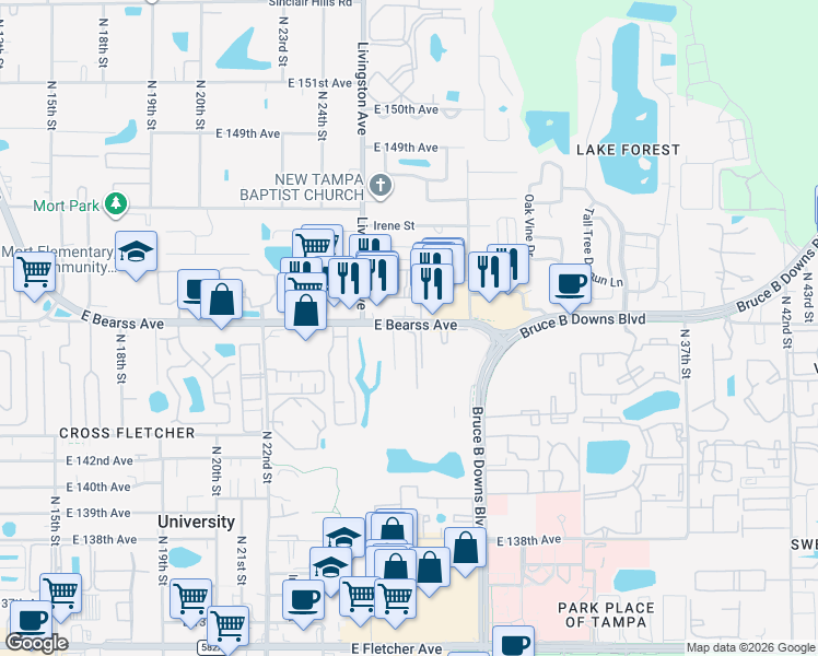 map of restaurants, bars, coffee shops, grocery stores, and more near 14525 Prism Circle in Tampa