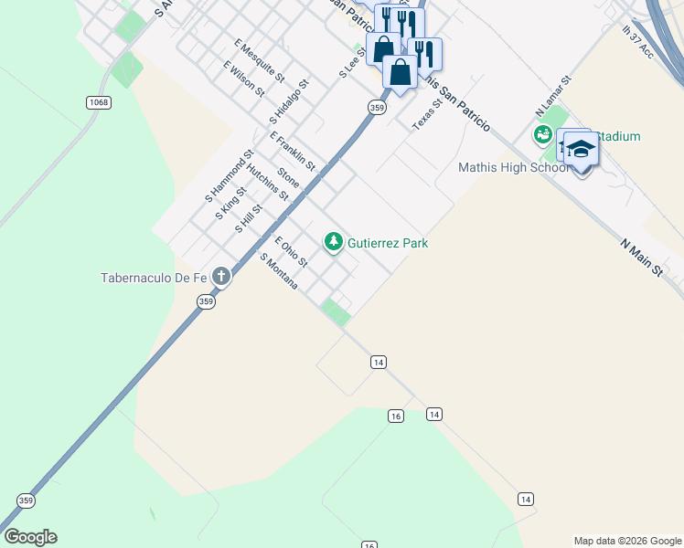 map of restaurants, bars, coffee shops, grocery stores, and more near 900 South Aster Avenue in Mathis