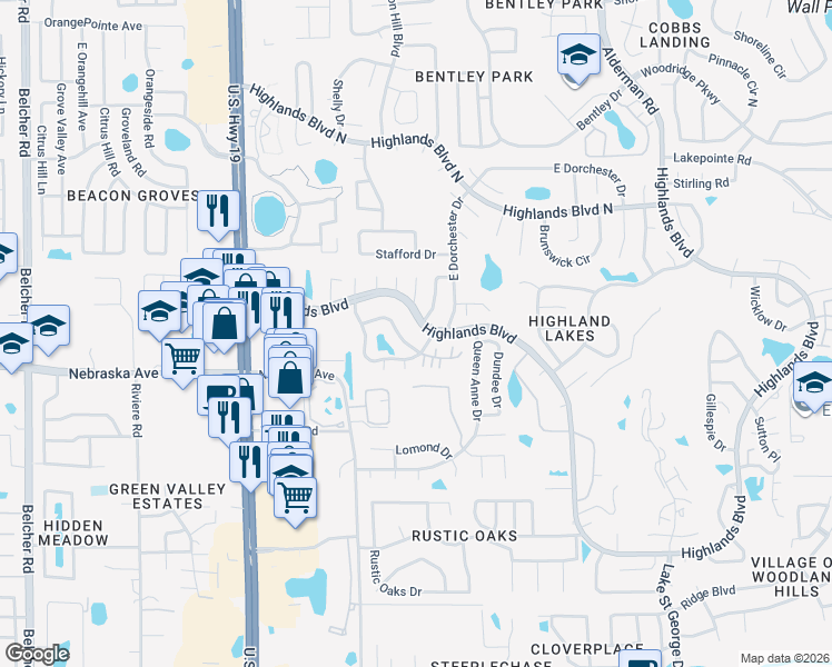 map of restaurants, bars, coffee shops, grocery stores, and more near 2828 Highlands Boulevard in Palm Harbor