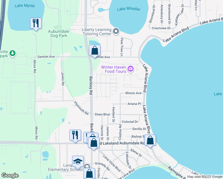 map of restaurants, bars, coffee shops, grocery stores, and more near 416 McElwee Drive in Auburndale