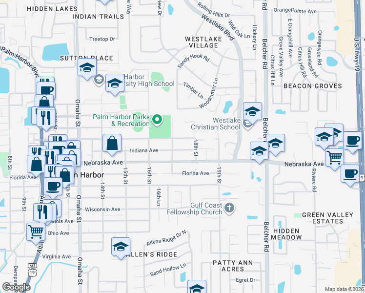 map of restaurants, bars, coffee shops, grocery stores, and more near 1719 Indiana Avenue in Palm Harbor