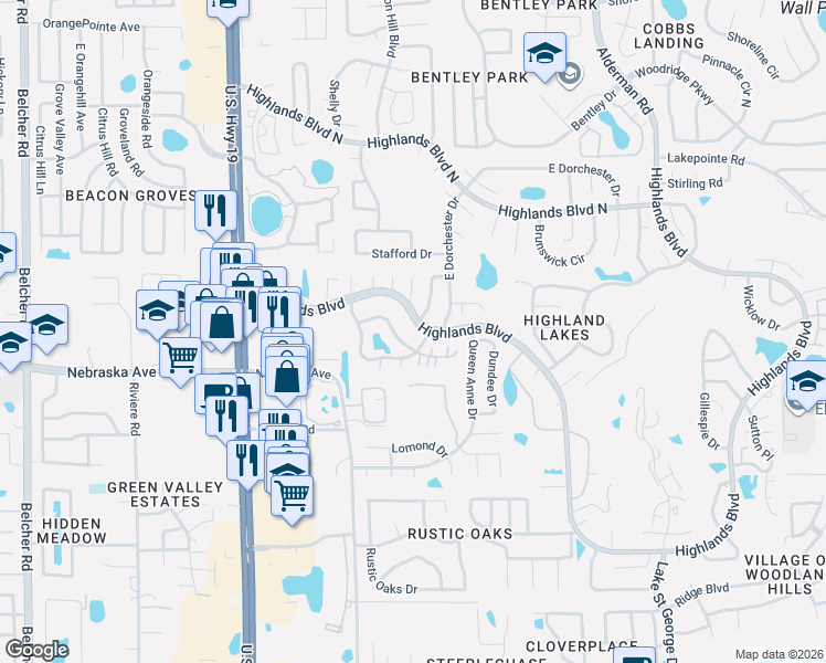map of restaurants, bars, coffee shops, grocery stores, and more near 2828 Highlands Boulevard in Palm Harbor
