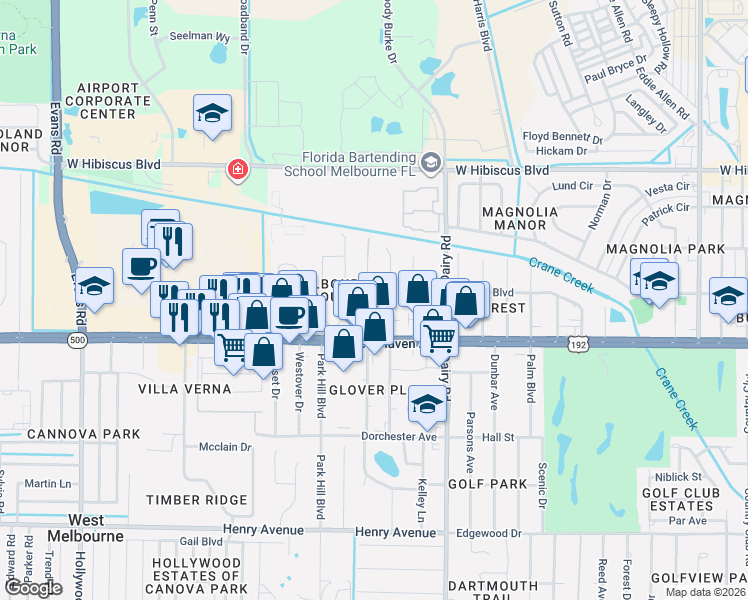 map of restaurants, bars, coffee shops, grocery stores, and more near 85 Northwest Irwin Avenue in West Melbourne