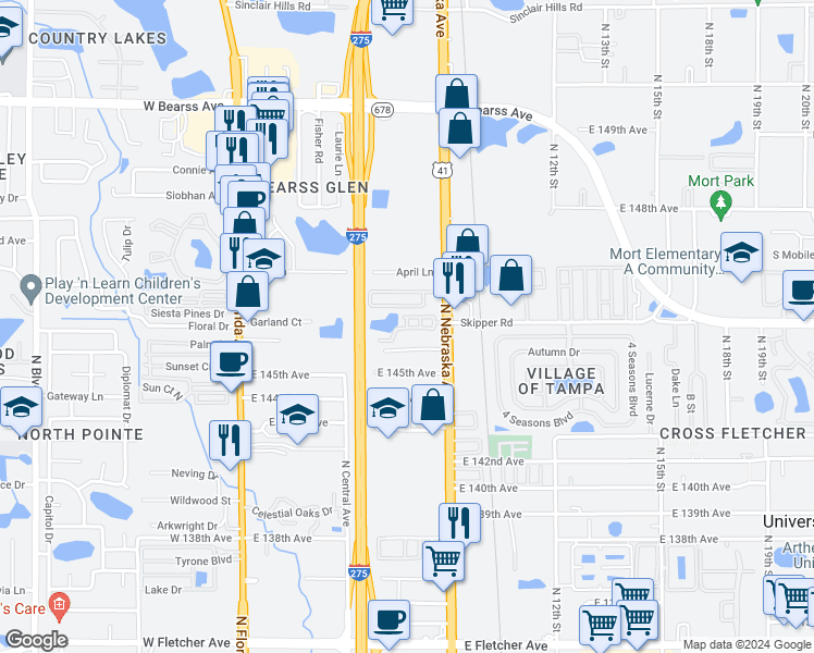 map of restaurants, bars, coffee shops, grocery stores, and more near 14602 Acorn Court in Tampa