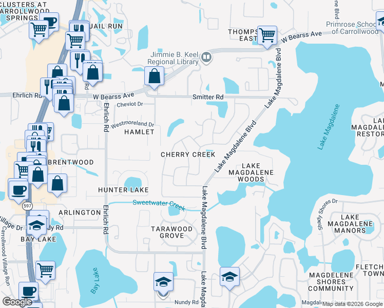 map of restaurants, bars, coffee shops, grocery stores, and more near 13922-13924 Briardale Lane in Tampa