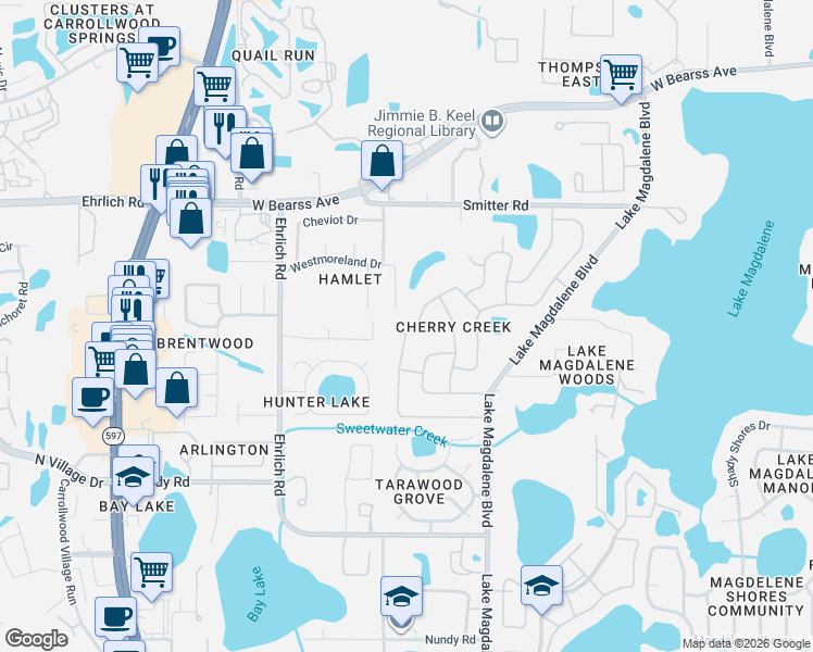 map of restaurants, bars, coffee shops, grocery stores, and more near 13912 Cherry Creek Drive in Tampa